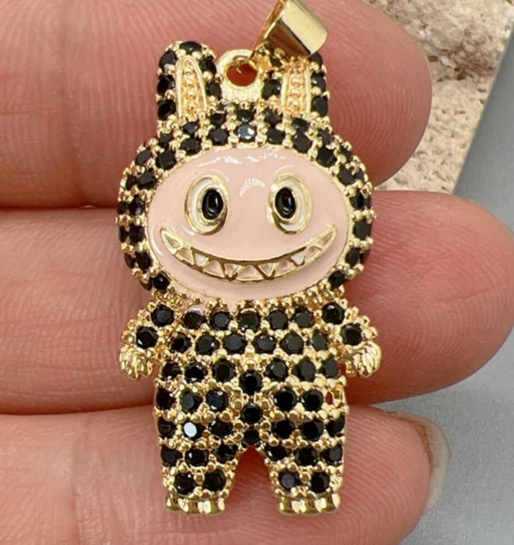 Gold and Black Cz Stone Labubu Pendant Necklace